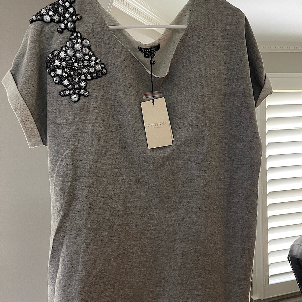 Gryphon New York short-sleeved sweatshirt with delicate beading across shoulder.